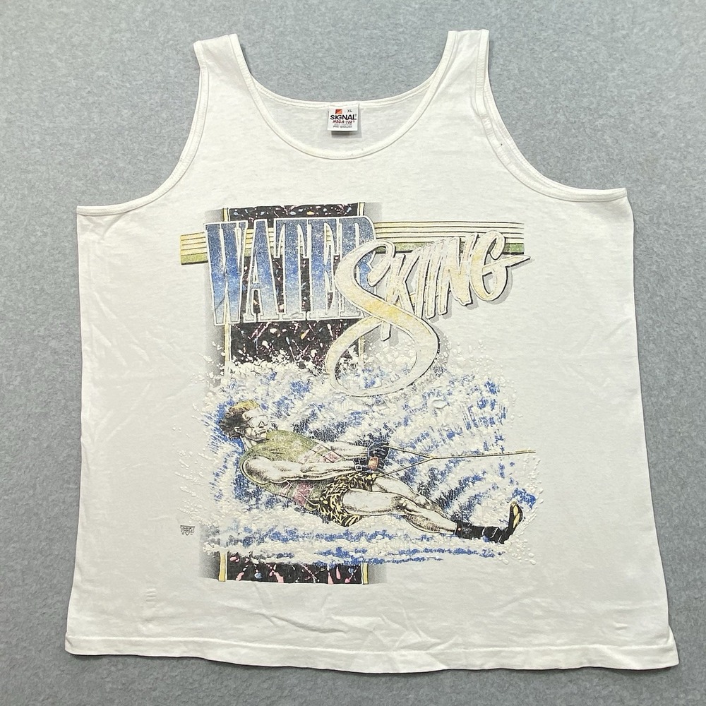 VTG Water Skiing White Tank Top Mens Sz XL Muscle Shirt Distressed Thrashed